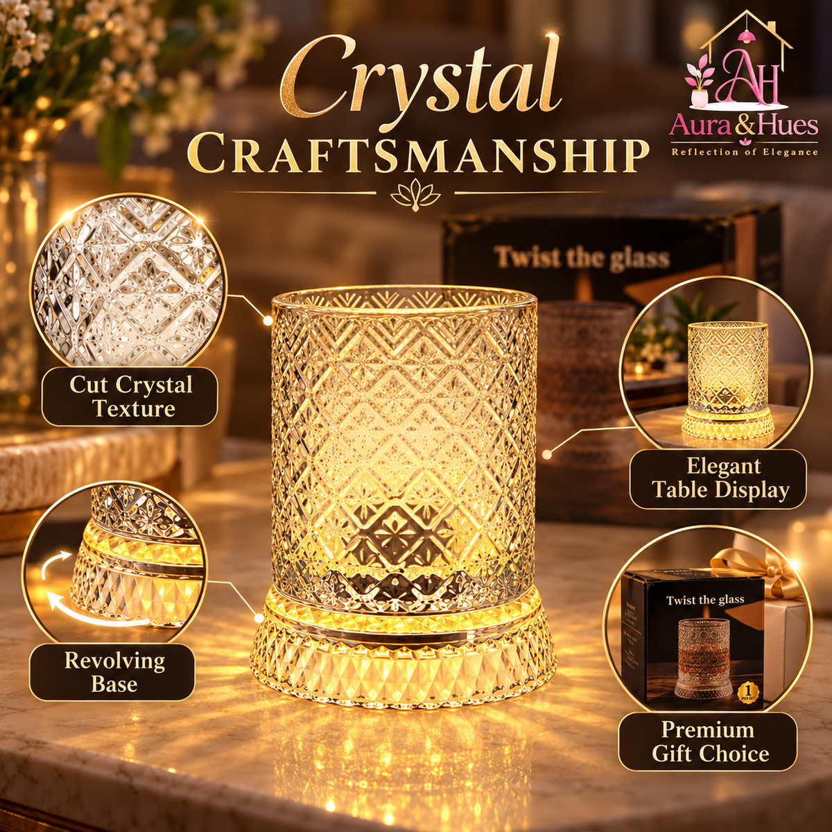 Aura & Hues Luxury Twist Whiskey Glass with Embossed Stars Pattern Single Cocktail and Rocks Tumbler for Home Bar and Gifting