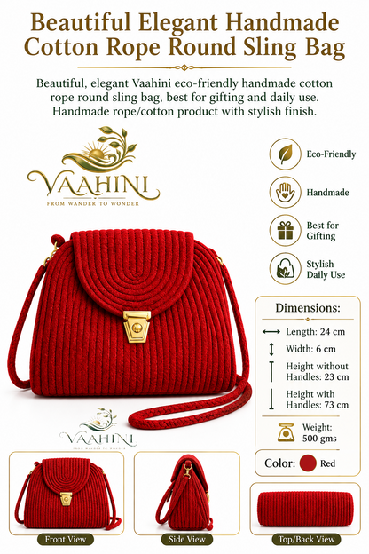 Vaahini Red Cotton Rope Sling Bag - Multiple Views