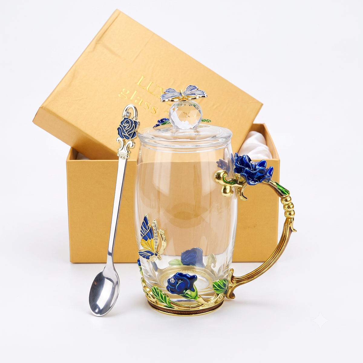 Aura & Hues 24K Gold Handpainted Ceramic Coffee Mug with Lid & Spoon 250ml - Royal Blue