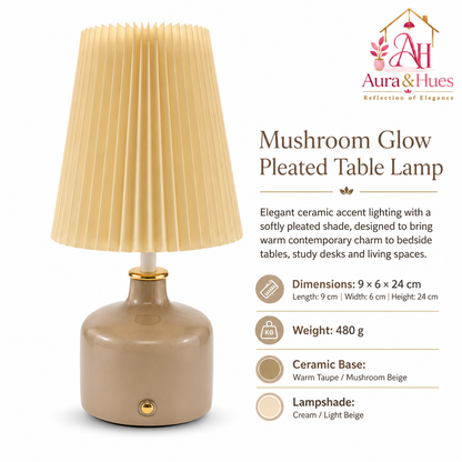Aura & Hues Mushroom Glow Pleated Table Lamp Elegant Warm Taupe Ceramic Accent Light with Cream Shade for Bedside Nightstand & Study