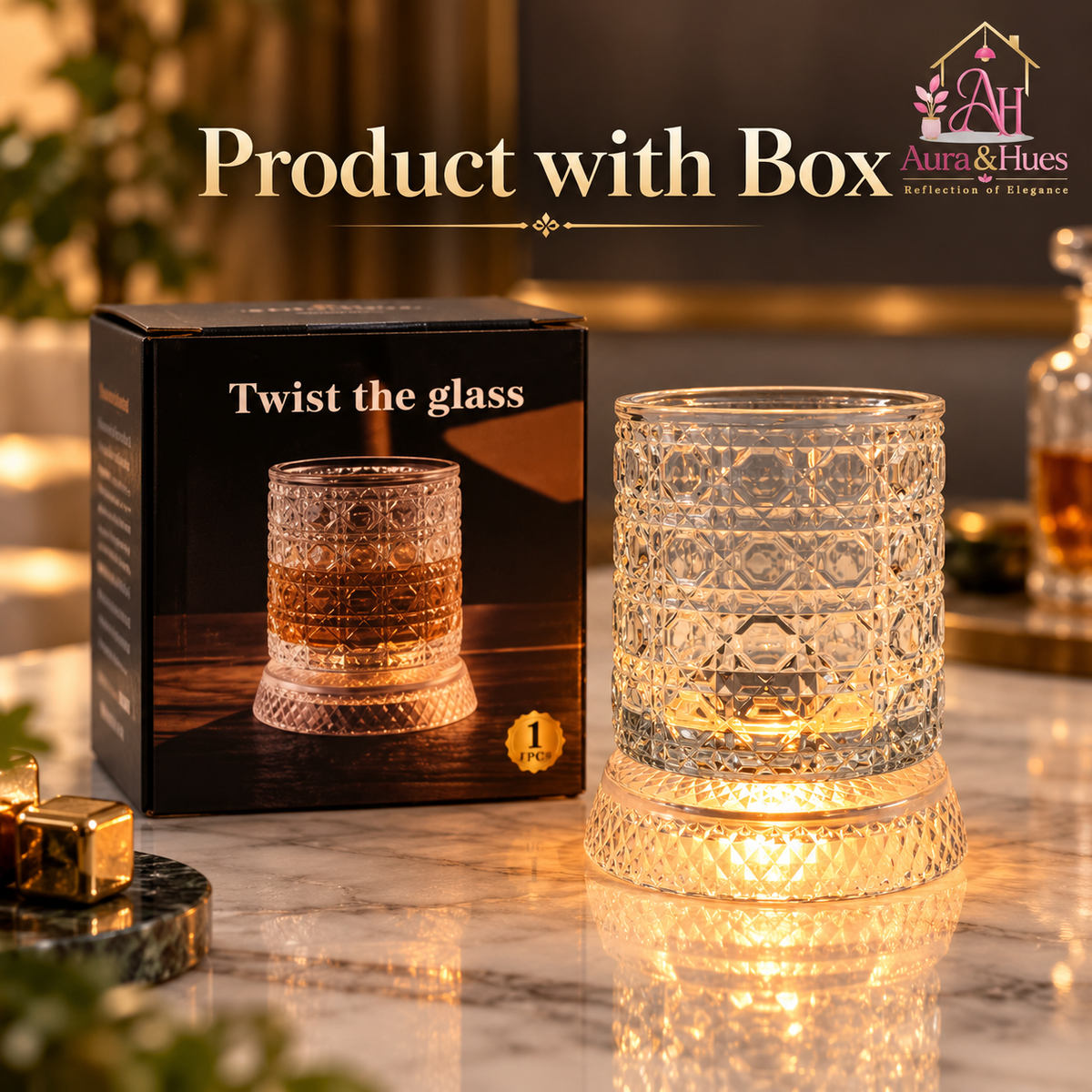Aura & Hues Luxury Twist Whiskey Glass with Embossed Stars Pattern Single Cocktail and Rocks Tumbler for Home Bar and Gifting
