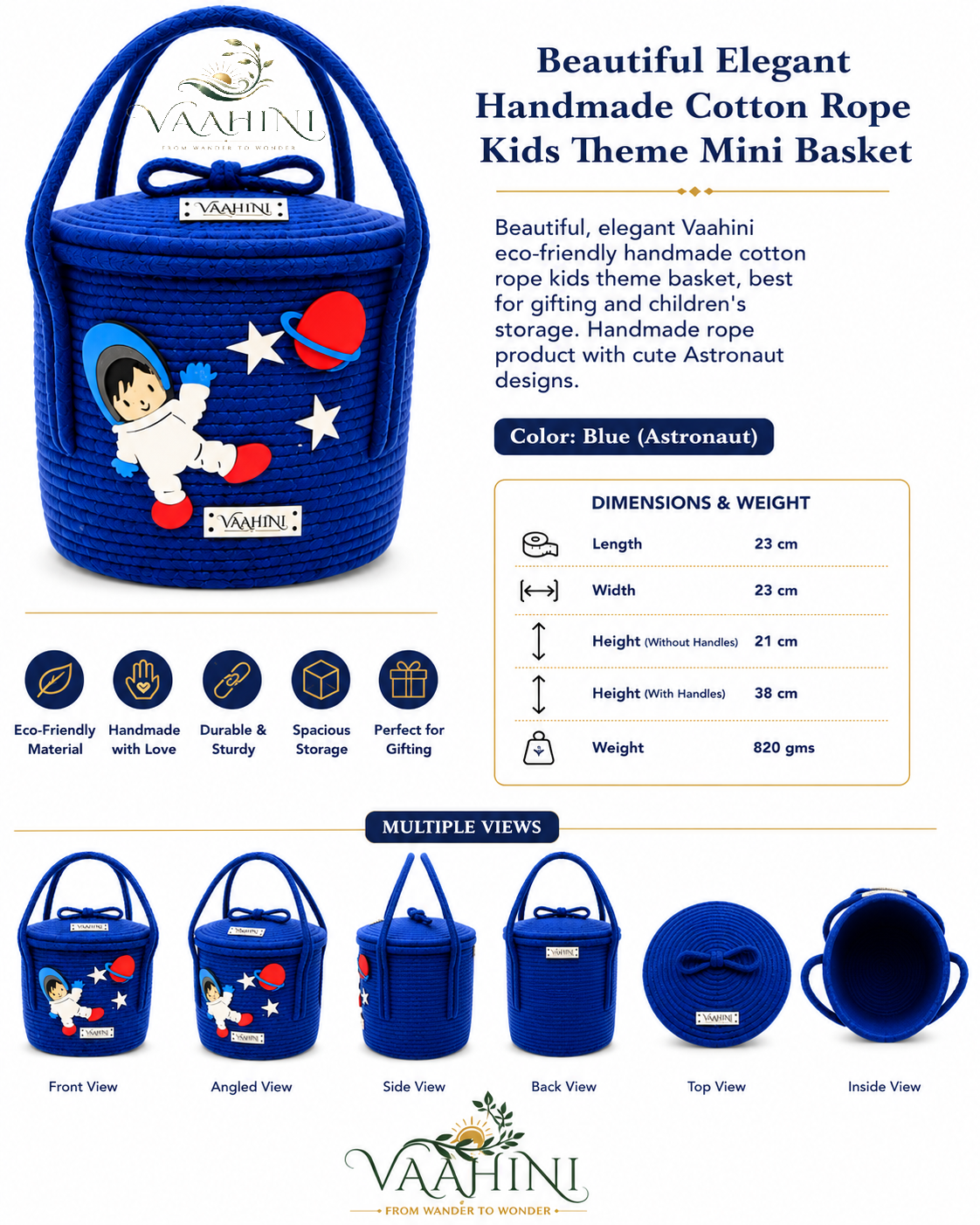 Vaahini Cotton Rope Kids Theme Handle Storage Basket With Lid - Astronaut (Blue)