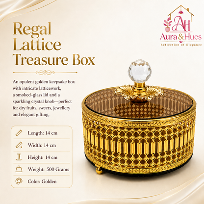 Aura & Hues Regal Lattice Treasure Box Golden Metal Decorative Keepsake Box with Smoked Glass Lid and Crystal Knob for Dry Fruits, Jewellery and Gifting