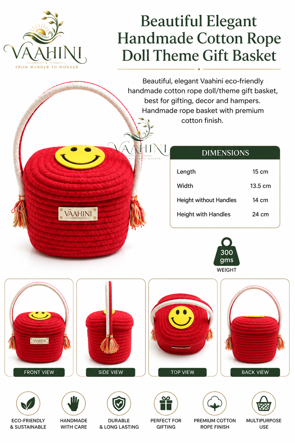 Vaahini Cotton Rope Smiley Gift Basket - Dimensions & Features