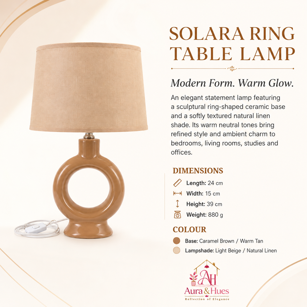 Aura & Hues Warm Peach Aesthetic Ceramic Table Lamp with Textured Shade for Cozy Living Spaces and Bedroom Nightstand Decor