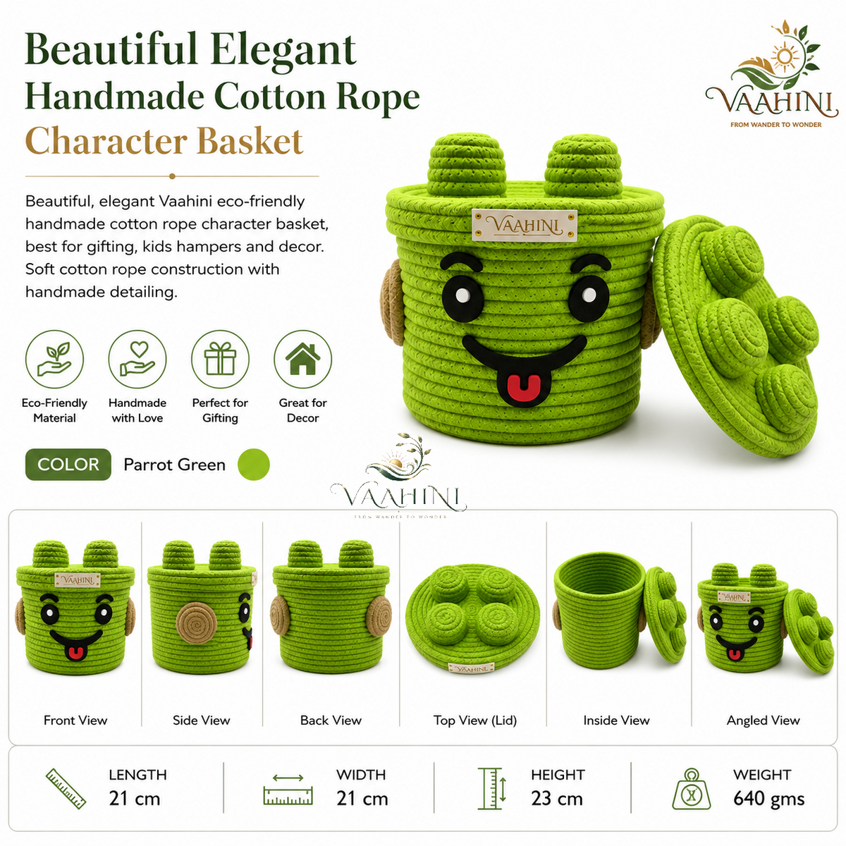 Vaahini Smiley Basket Parrot Green - Side View