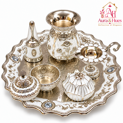 Aura & Hues Premium Royal Decorative Big Pooja Thali Set with 6 Essential Ritual Items - Elegant White Artisan Painted Centerpiece (30 x 30 cm)