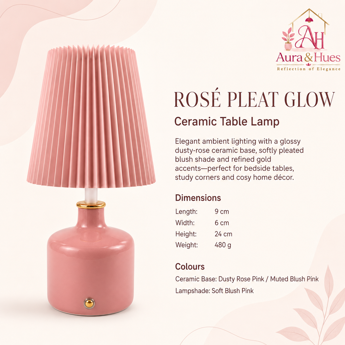 Aura & Hues Rosé Pleat Glow Ceramic Table Lamp Elegant Glossy Dusty Rose Accent Light with Blush Pleated Shade for Bedside & Vanity