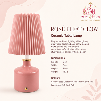 Aura & Hues Rosé Pleat Glow Ceramic Table Lamp Elegant Glossy Dusty Rose Accent Light with Blush Pleated Shade for Bedside & Vanity