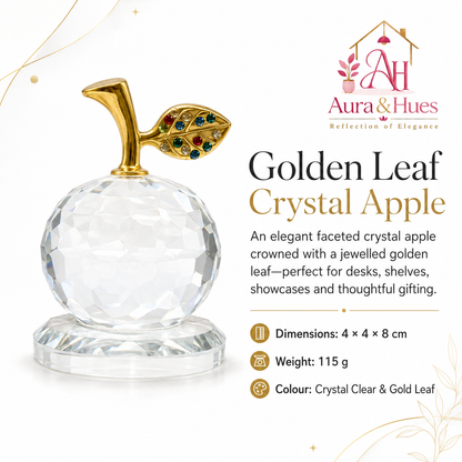 Aura & Hues Golden Leaf Crystal Apple Handcrafted Clear Faceted Glass Figurine with Jewelled Stem for Tabletop Decor and Luxury Gifting