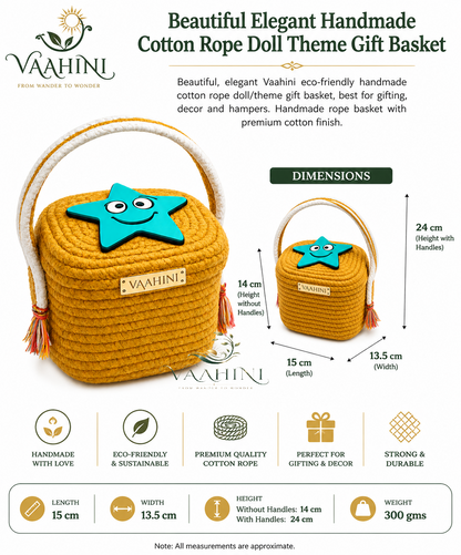 Vaahini Cotton Rope Gift Basket dimensions and features infographic