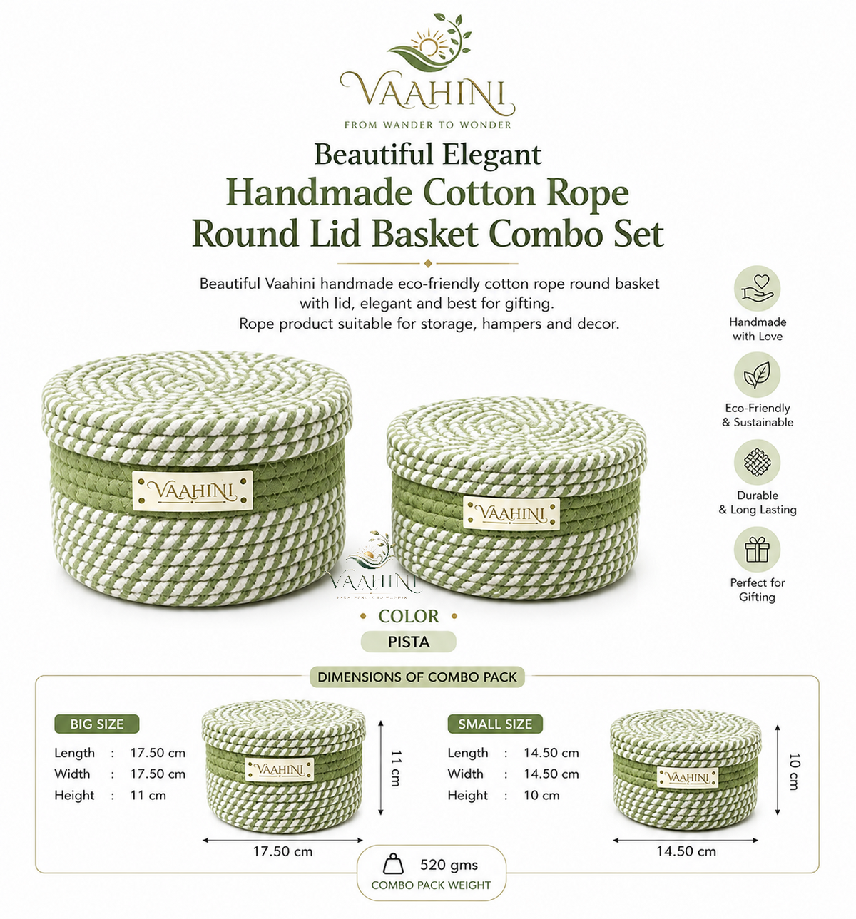 Vaahini Cotton Rope Baskets with Lid - Pista Green - Brand Logo