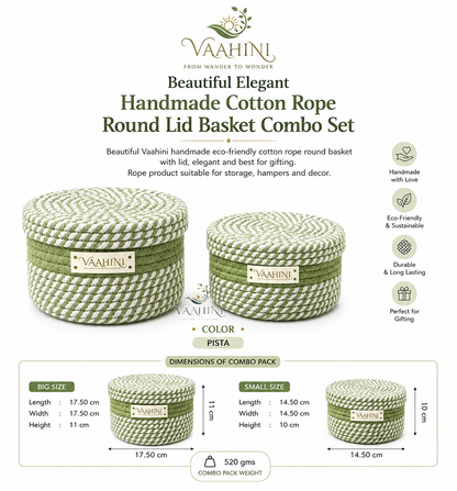Vaahini Cotton Rope Baskets with Lid - Pista Green - Brand Logo