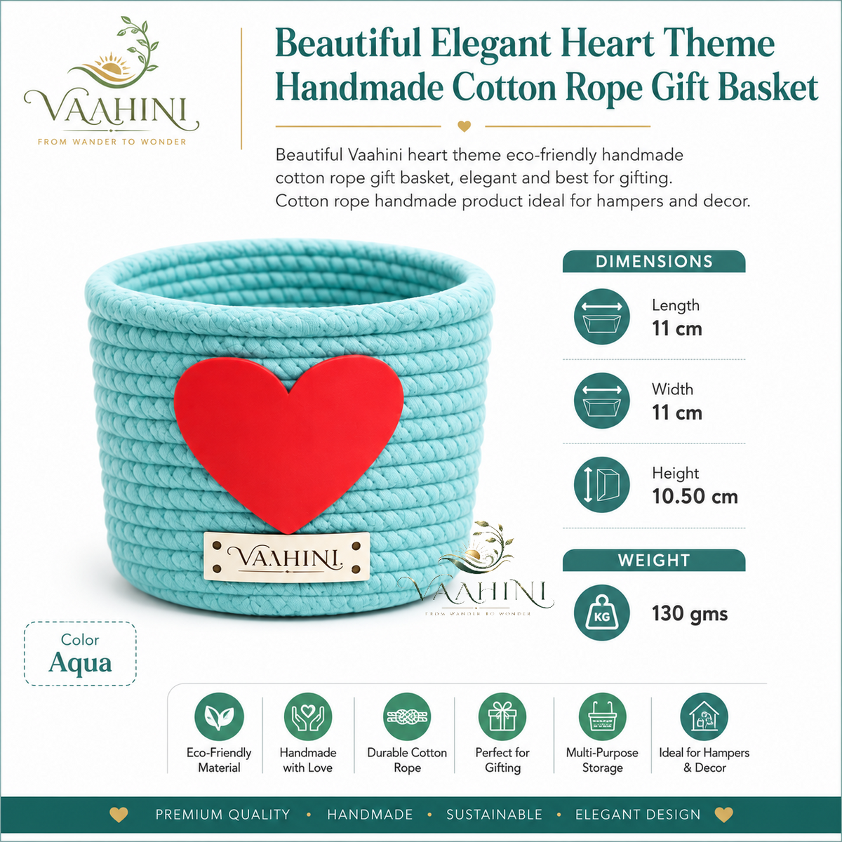 Vaahini Cotton Rope Gift Basket dimensions and features infographic