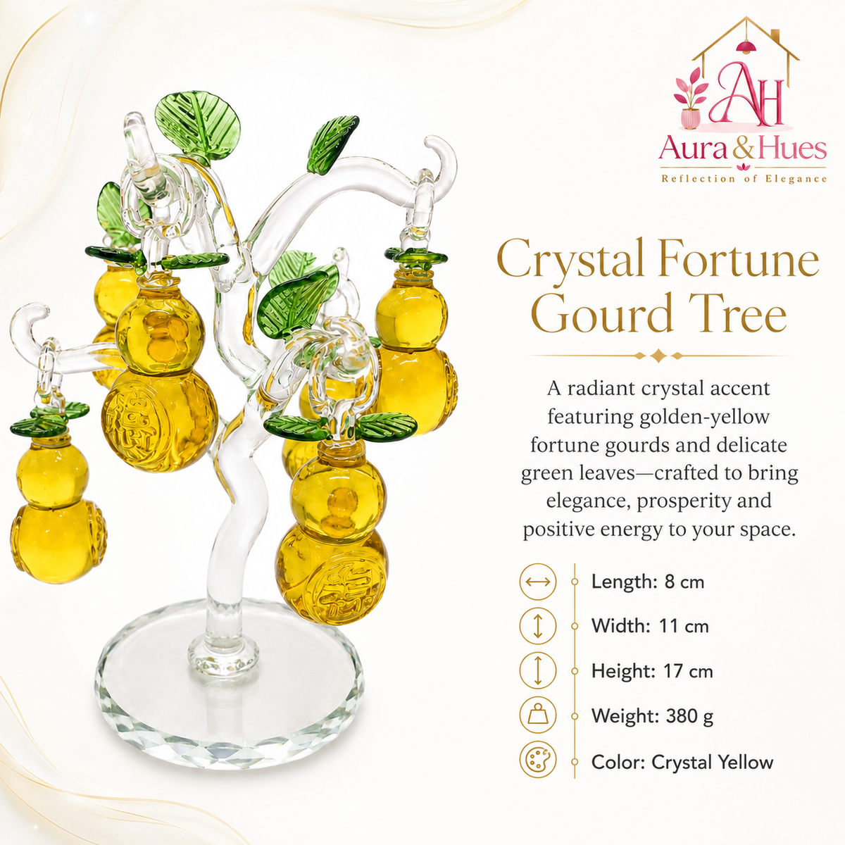 Aura & Hues Crystal Fortune Gourd Tree Handcrafted Yellow Wu Lou Sculpture for Feng Shui Good Luck Living Room Office Decor & Festive Gifting