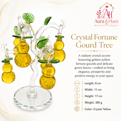 Aura & Hues Crystal Fortune Gourd Tree Handcrafted Yellow Wu Lou Sculpture for Feng Shui Good Luck Living Room Office Decor & Festive Gifting