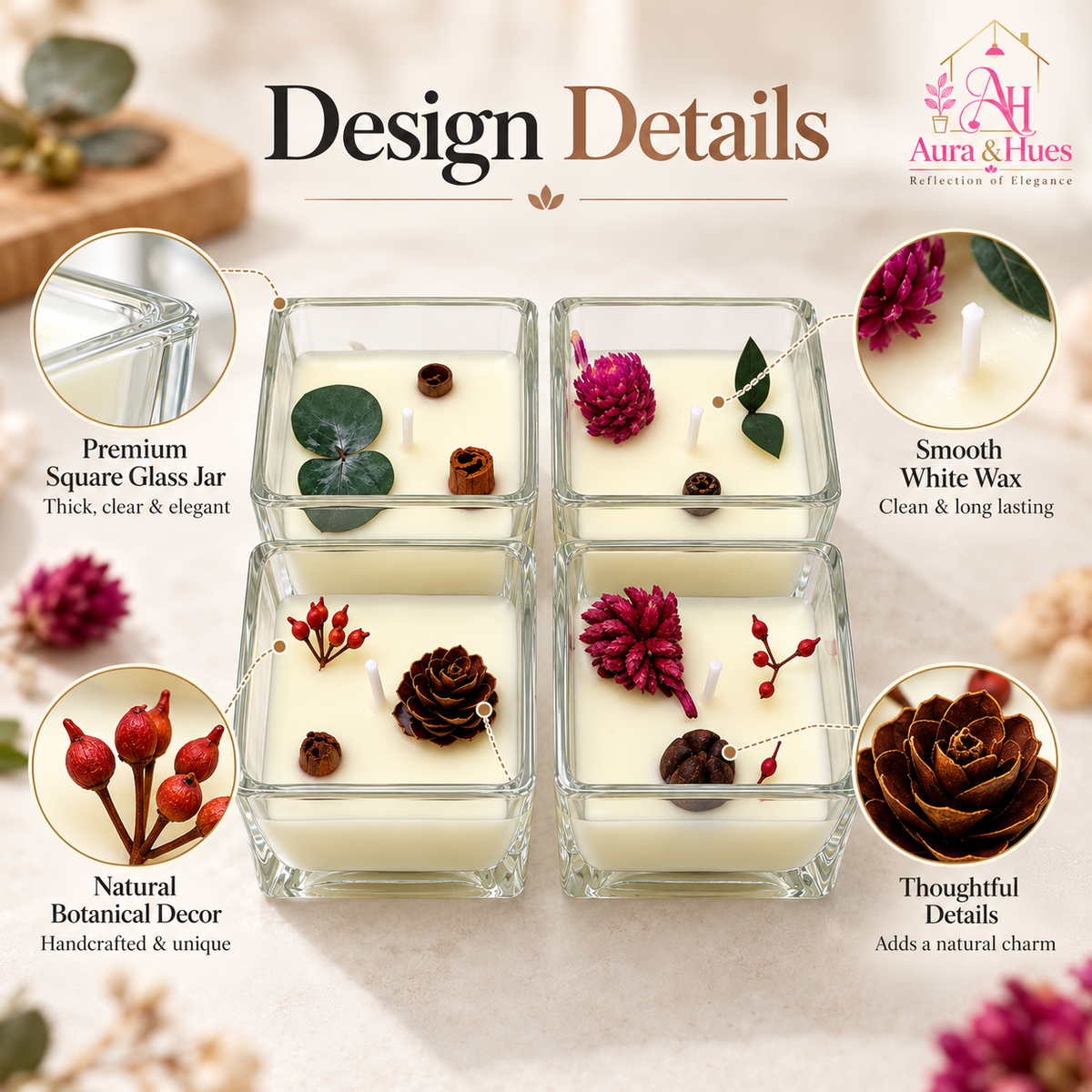 Candles Square Shaped in Glass 4 Pcs. Set