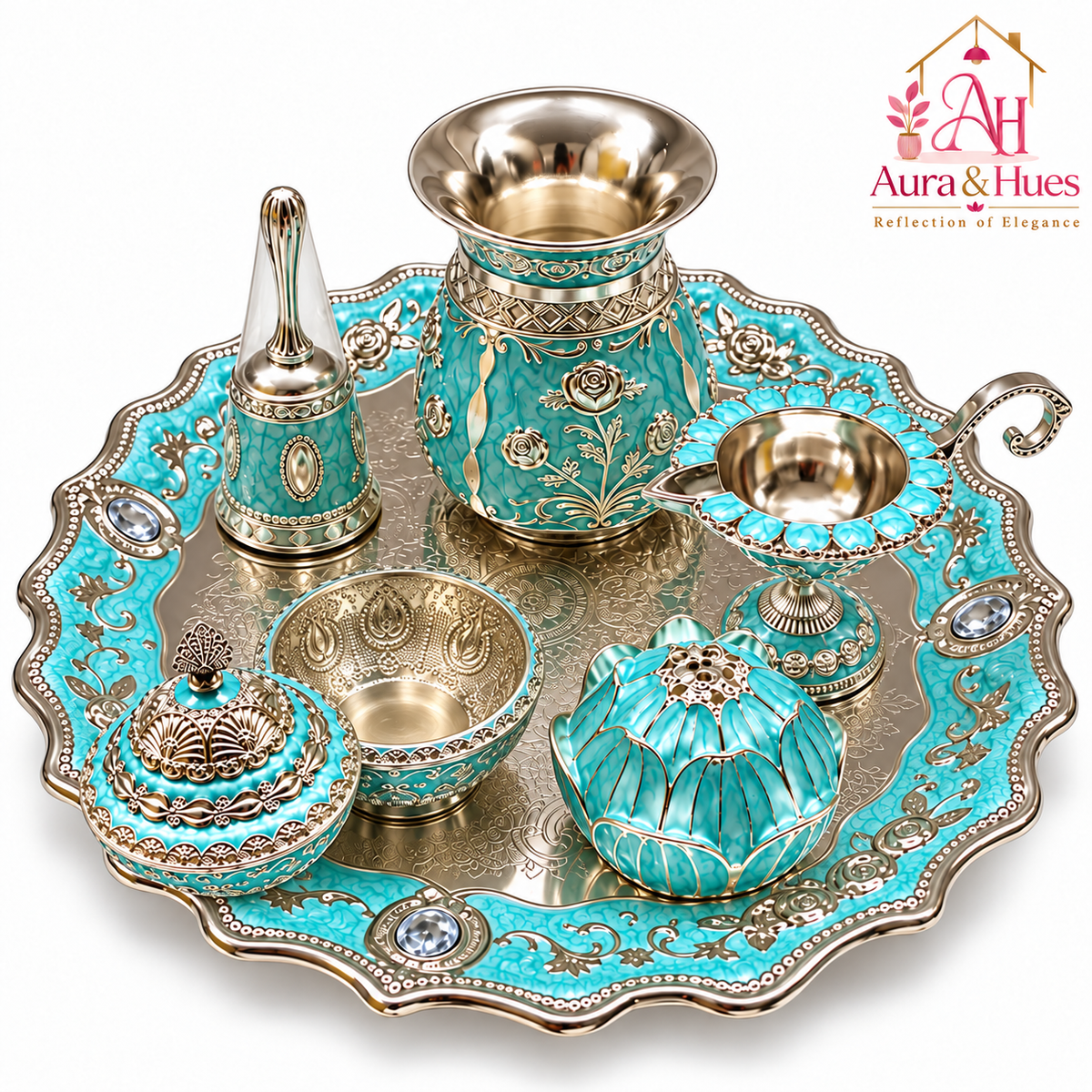 Aura & Hues Premium Royal Decorative Big Pooja Thali Set with 6 Essential Ritual Items - Light Blue Artisan Painted Centerpiece (30 x 30 cm)