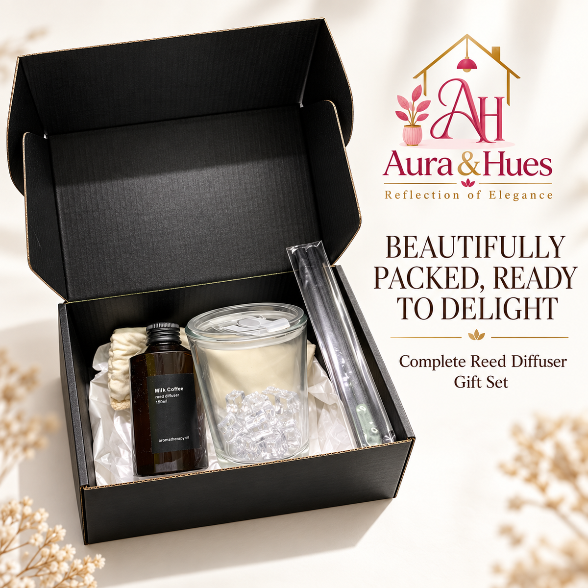 Aura & Hues Luxury Milk Coffee Aromatherapy Reed Diffuser Home Fragrance Gift Set with Natural Rattan Reeds and Black Glass Vessel (21.7 cm)
