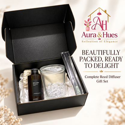 Aura & Hues Luxury Milk Coffee Aromatherapy Reed Diffuser Home Fragrance Gift Set with Natural Rattan Reeds and Black Glass Vessel (21.7 cm)