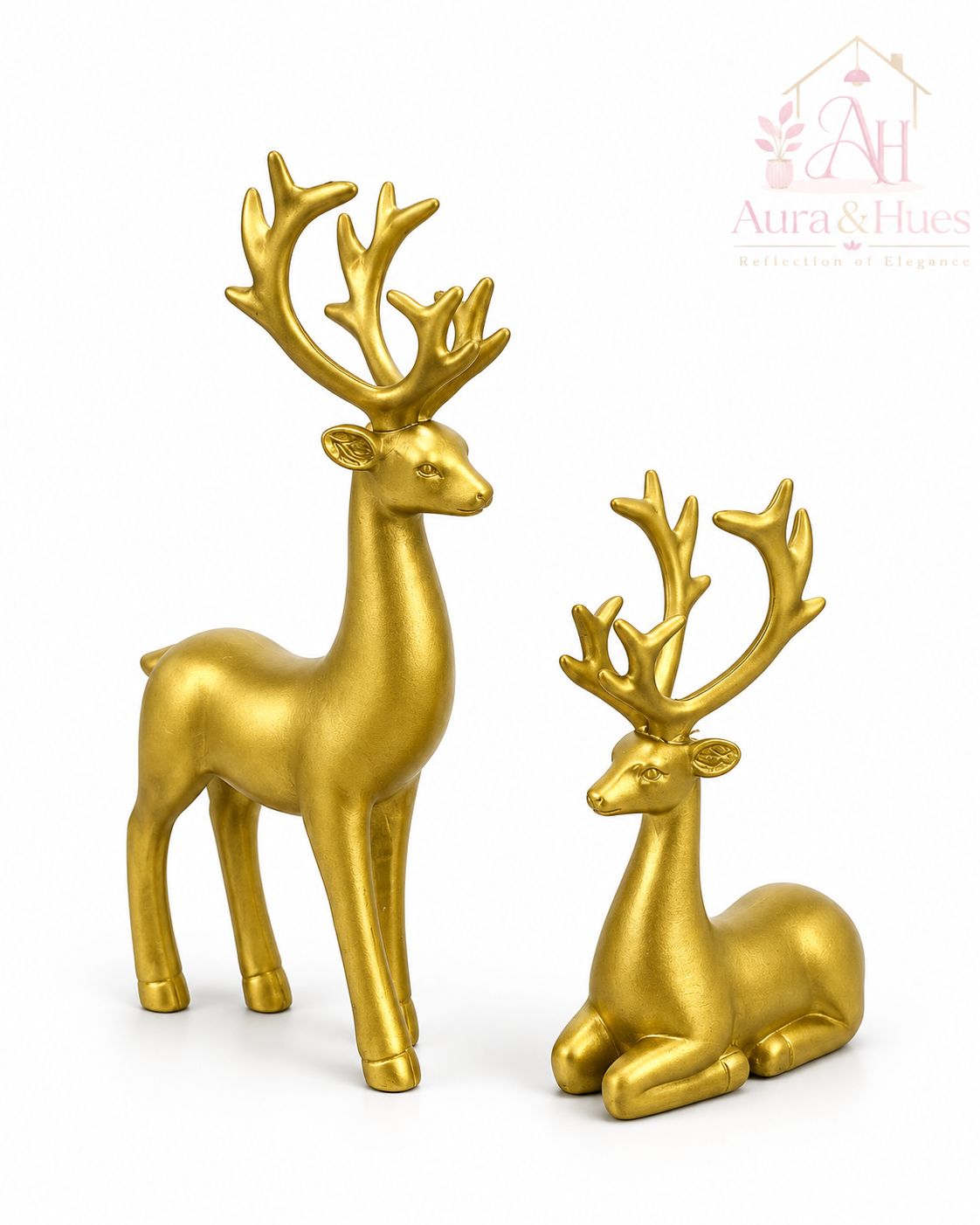 Luxury Golden Deer Pair Showpiece Set, Premium Resin Deer Figurines with Golden Antlers