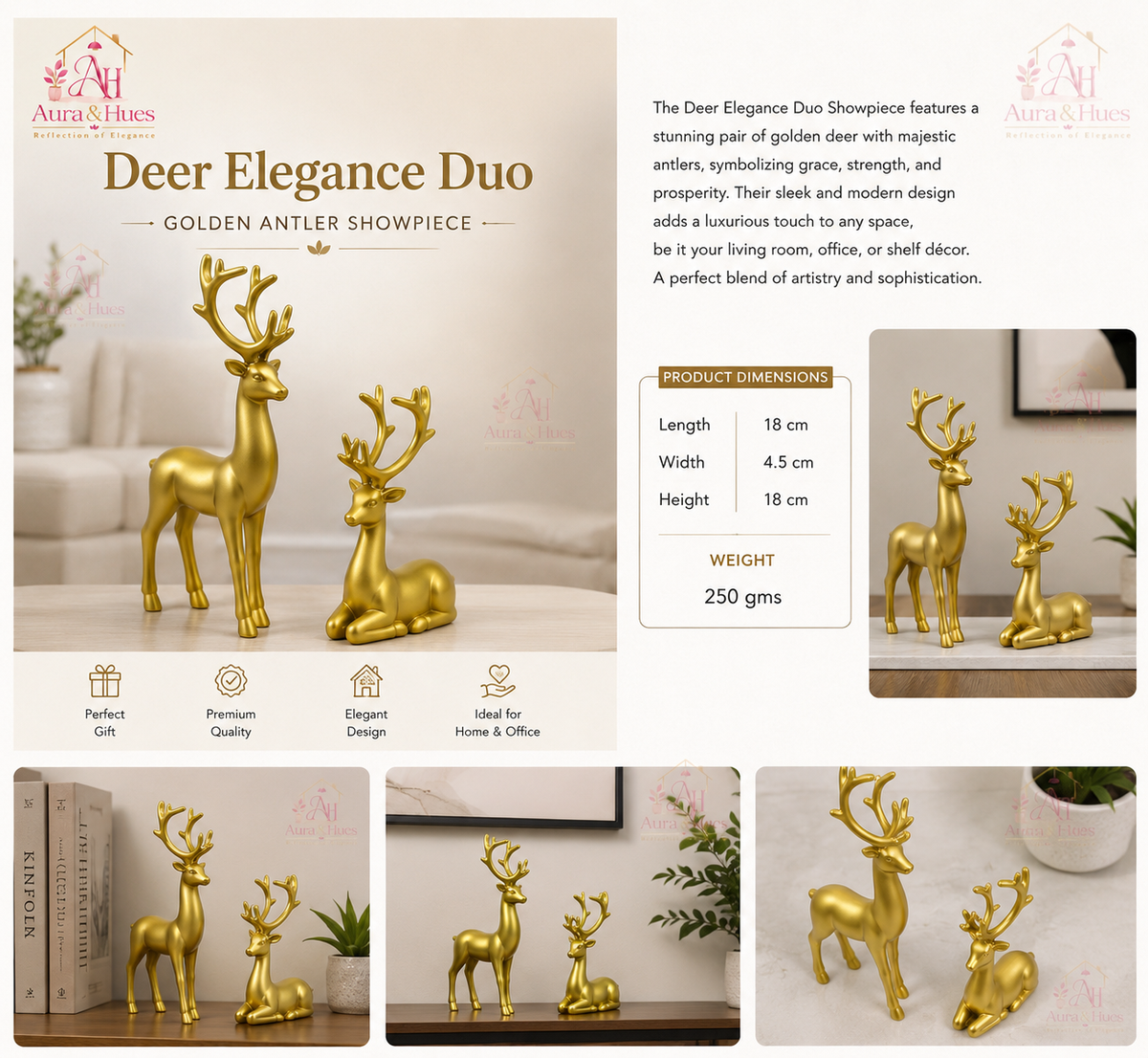 Luxury Golden Deer Pair Showpiece Set, Premium Resin Deer Figurines with Golden Antlers