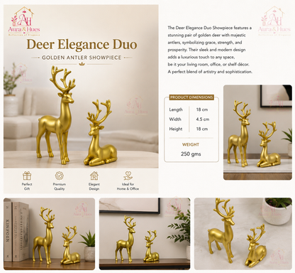 Luxury Golden Deer Pair Showpiece Set, Premium Resin Deer Figurines with Golden Antlers