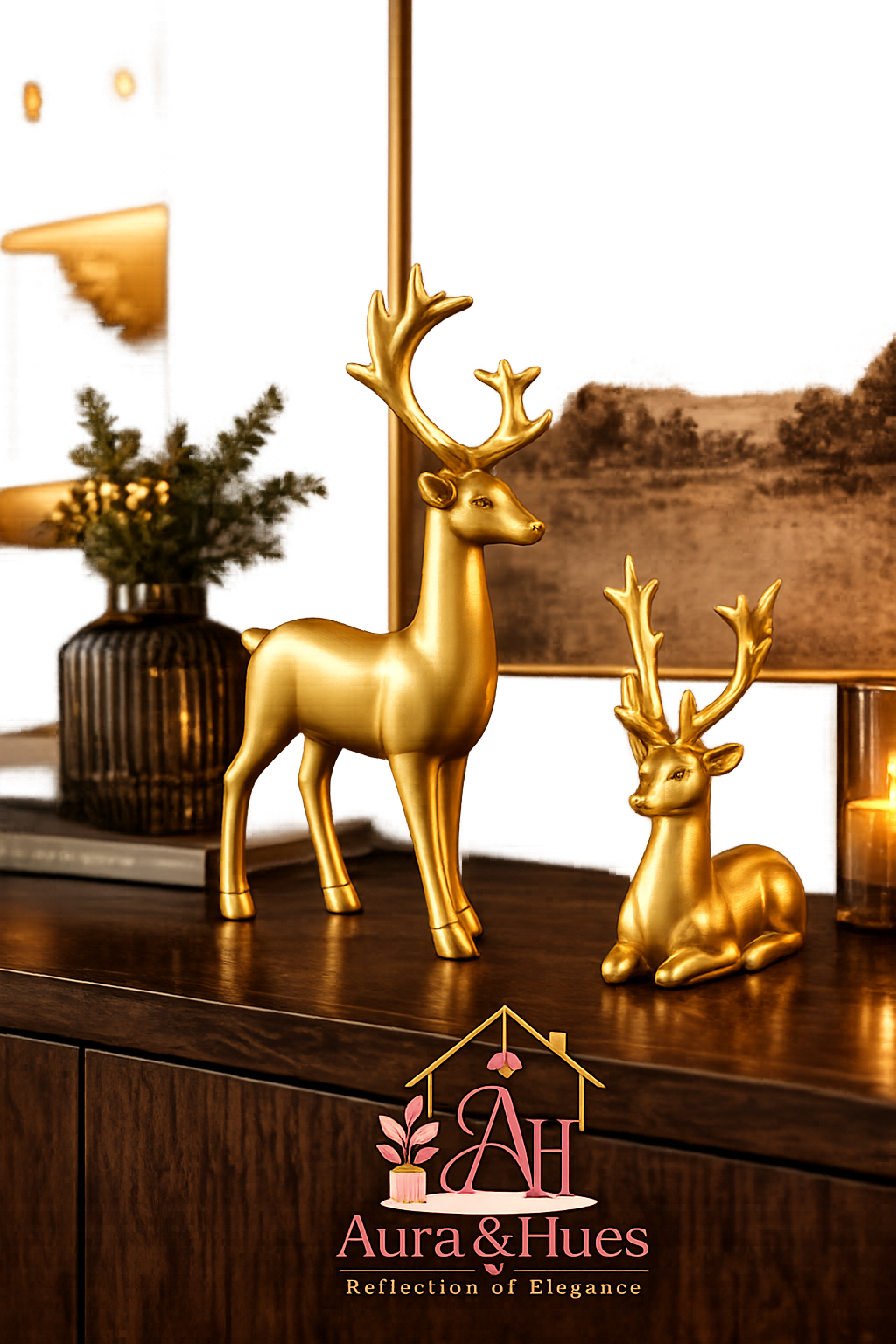 Luxury Golden Deer Pair Showpiece Set, Premium Resin Deer Figurines with Golden Antlers