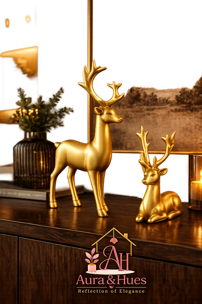 Luxury Golden Deer Pair Showpiece Set, Premium Resin Deer Figurines with Golden Antlers