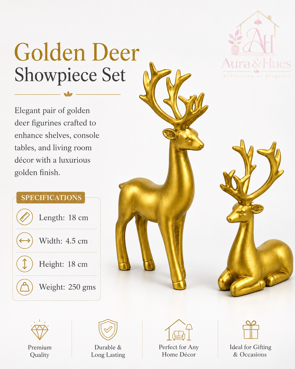 Luxury Golden Deer Pair Showpiece Set, Premium Resin Deer Figurines with Golden Antlers