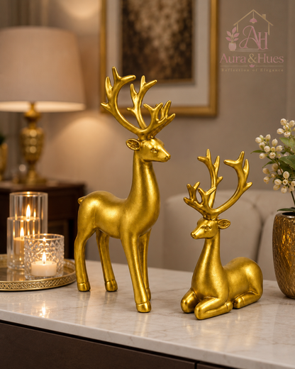 Luxury Golden Deer Pair Showpiece Set, Premium Resin Deer Figurines with Golden Antlers