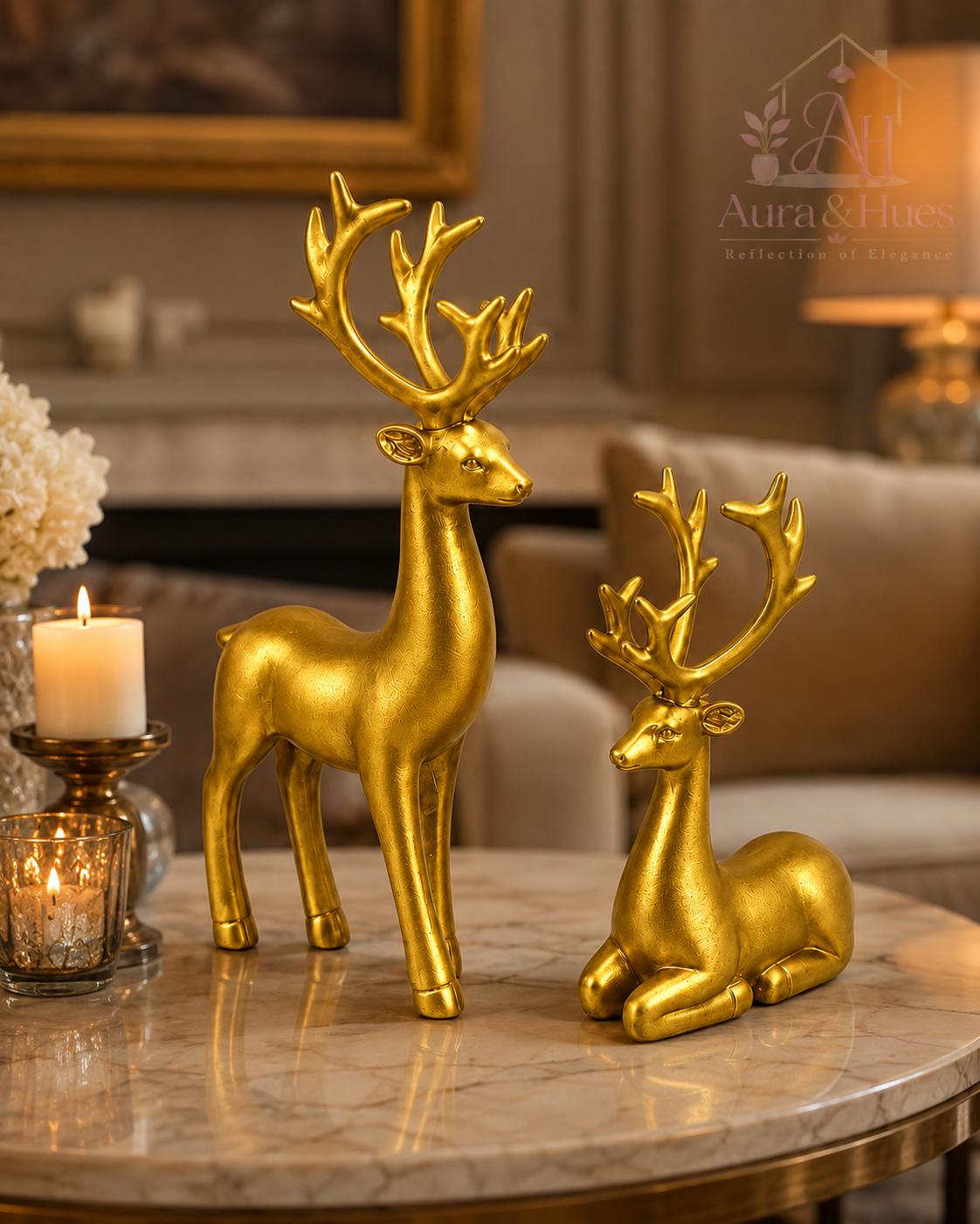 Luxury Golden Deer Pair Showpiece Set, Premium Resin Deer Figurines with Golden Antlers