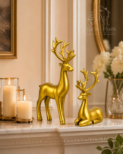 Luxury Golden Deer Pair Showpiece Set, Premium Resin Deer Figurines with Golden Antlers