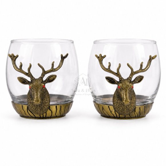 Premium Luxury Whisky Tumbler Glasses with Metal Deer Head & Base Set of 2, Designer Scotch, Bourbon & Cocktail Glasses