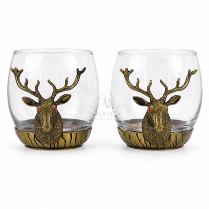 Premium Luxury Whisky Tumbler Glasses with Metal Deer Head & Base Set of 2, Designer Scotch, Bourbon & Cocktail Glasses