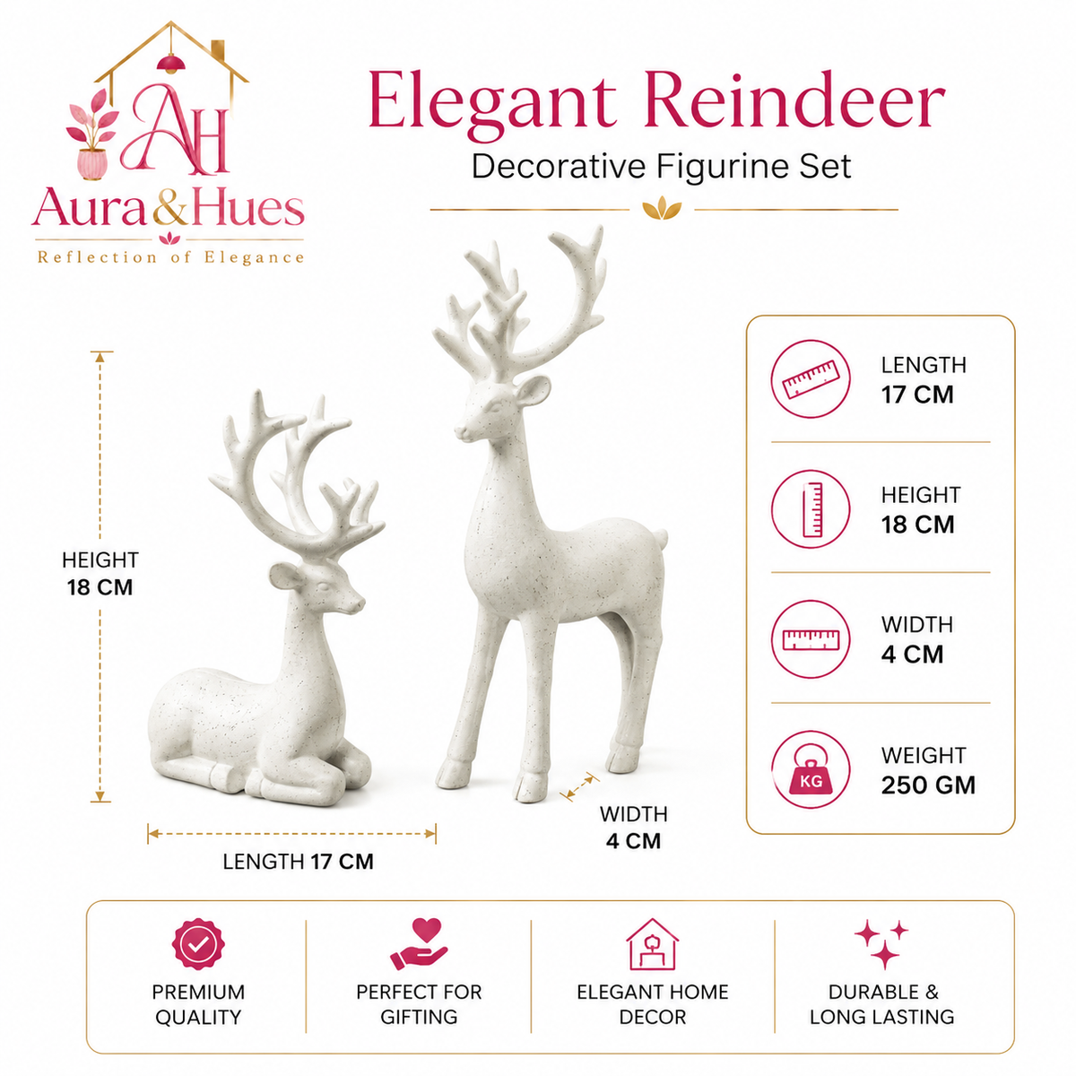 Luxury White Deer Pair Showpiece Set, Premium Resin Deer Figurines
