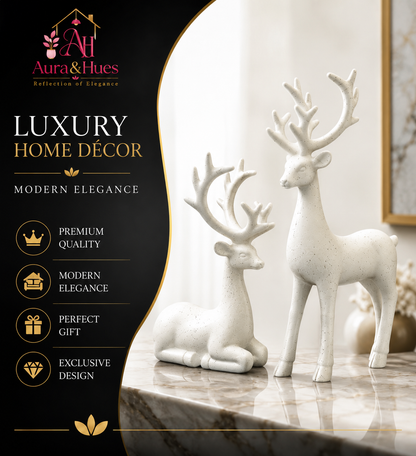Luxury White Deer Pair Showpiece Set, Premium Resin Deer Figurines