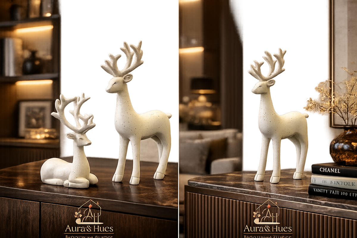 Luxury White Deer Pair Showpiece Set, Premium Resin Deer Figurines