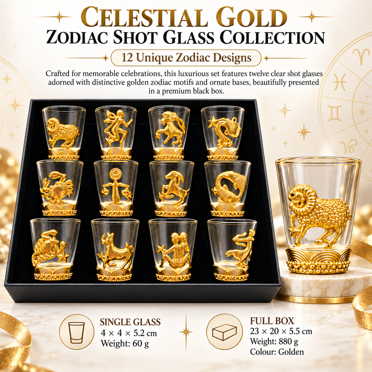 Aura & Hues 12-Piece Zodiac Sign Golden Shot Glass Set with Luxury Gift Box - 40ml
