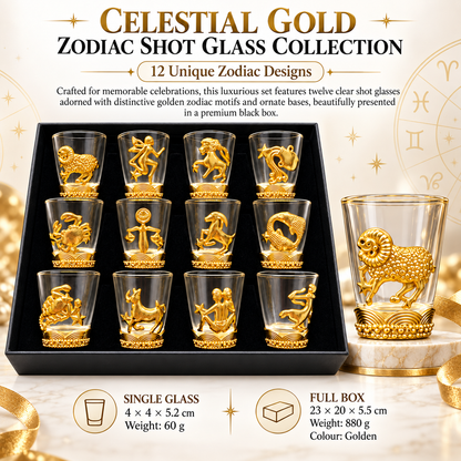 Aura & Hues 12-Piece Zodiac Sign Golden Shot Glass Set with Luxury Gift Box - 40ml