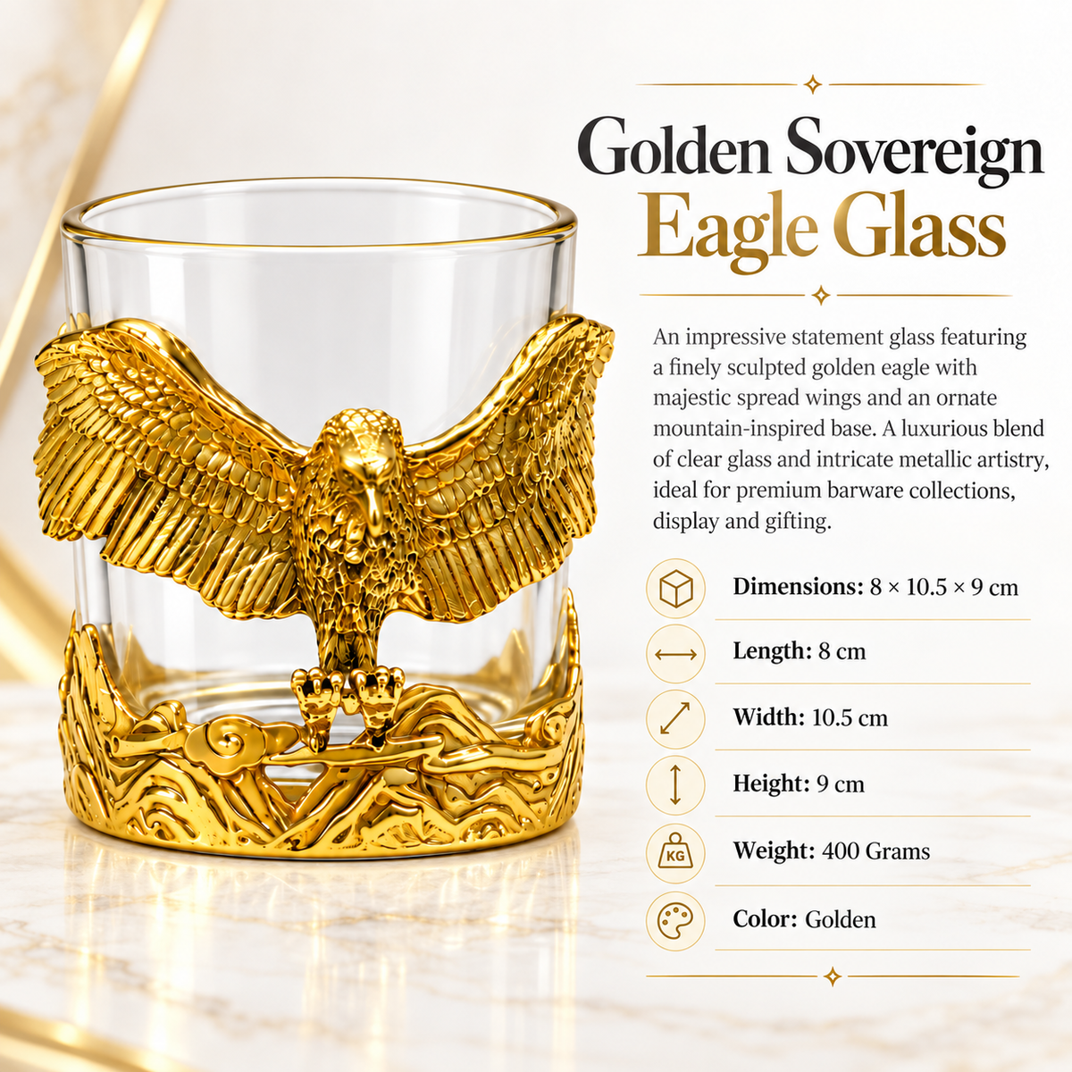 Aura & Hues Feng Shui Majestic Eagle Whiskey Glass 300ml - Gold Embossed Barware