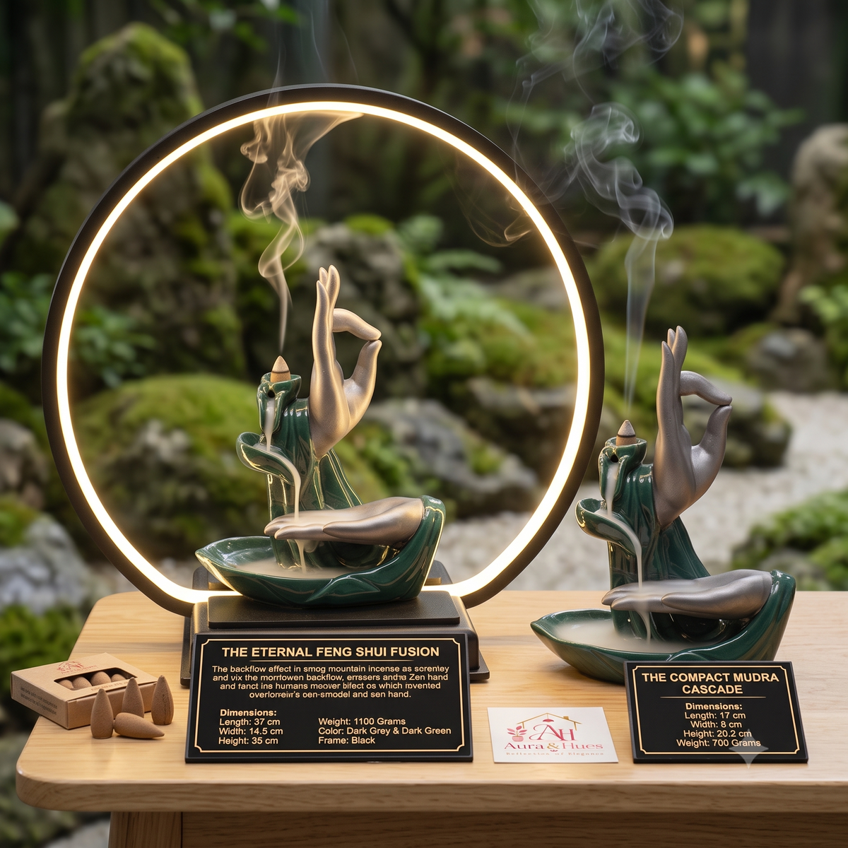Aura & Hues 14-Inch Backflow Incense Waterfall Mountain Burner with LED Ring Light