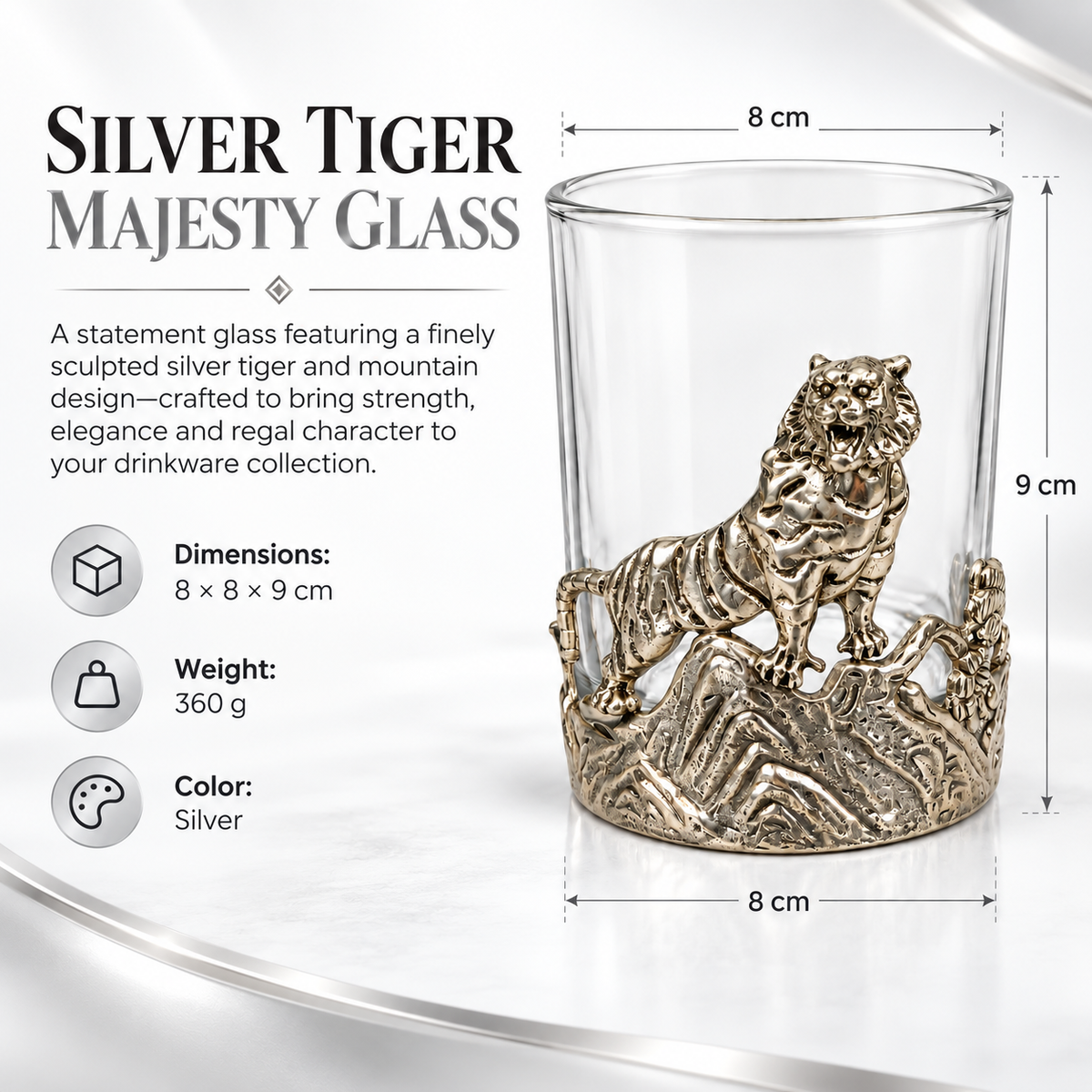 Aura & Hues Luxury Galloping Tiger Whiskey Glass 300ml - Silver Embossed Barware