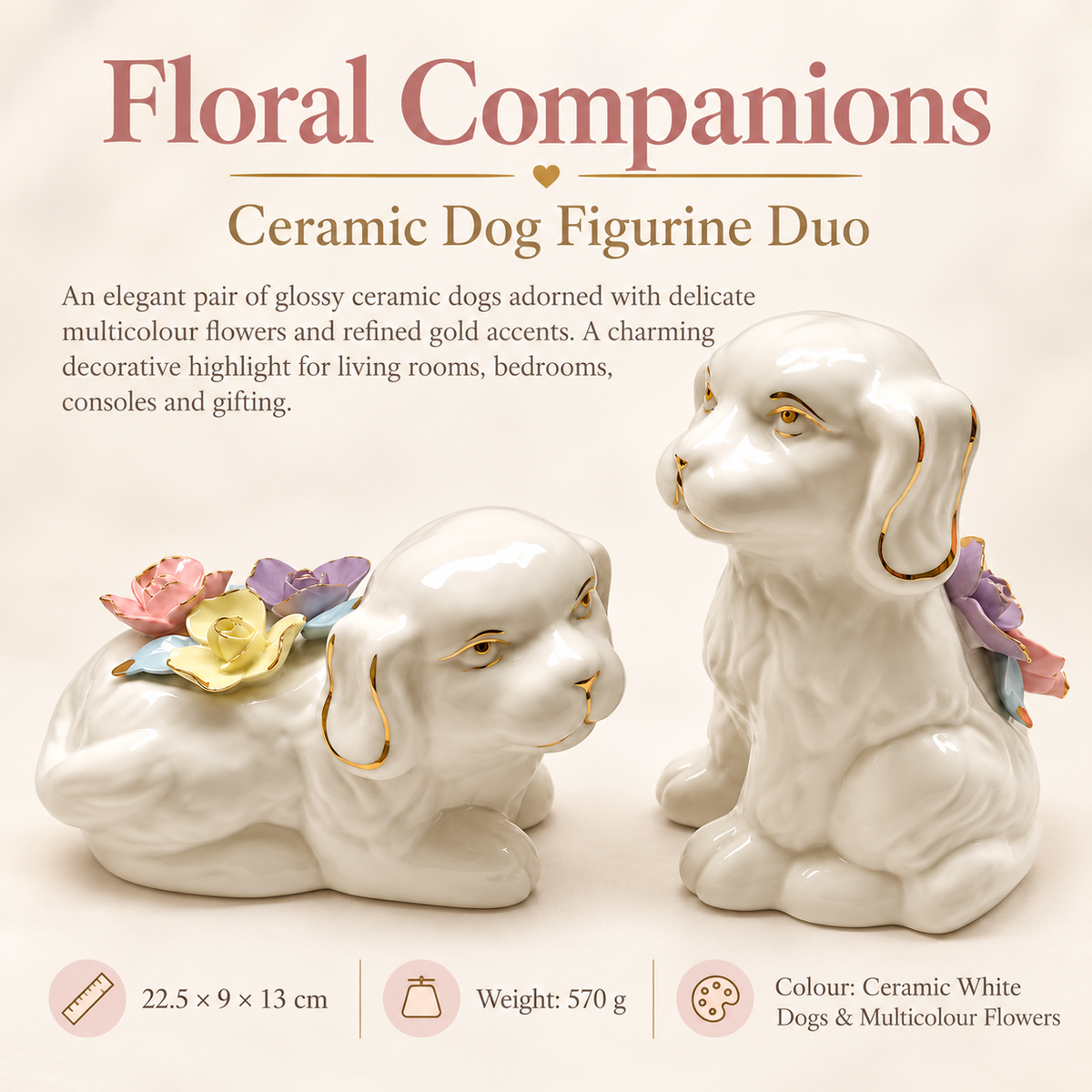 Aura & Hues 12-Inch Handcrafted Porcelain Dog Statue - Ivory White & Gold Accent Figurine