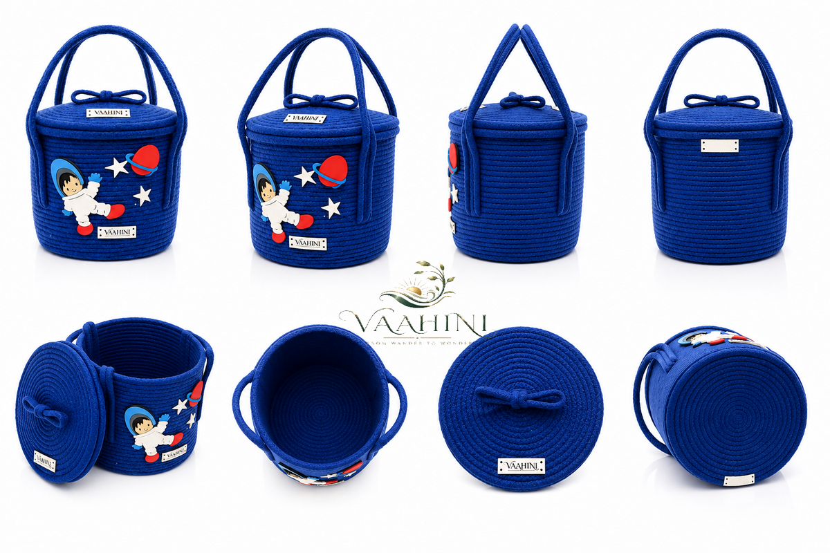 Vaahini Cotton Rope Kids Theme Handle Storage Basket With Lid - Astronaut (Blue)