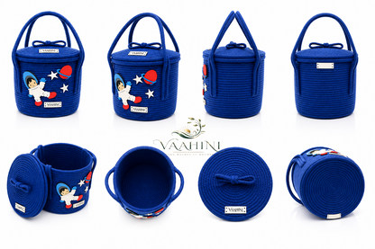 Vaahini Cotton Rope Kids Theme Handle Storage Basket With Lid - Astronaut (Blue)