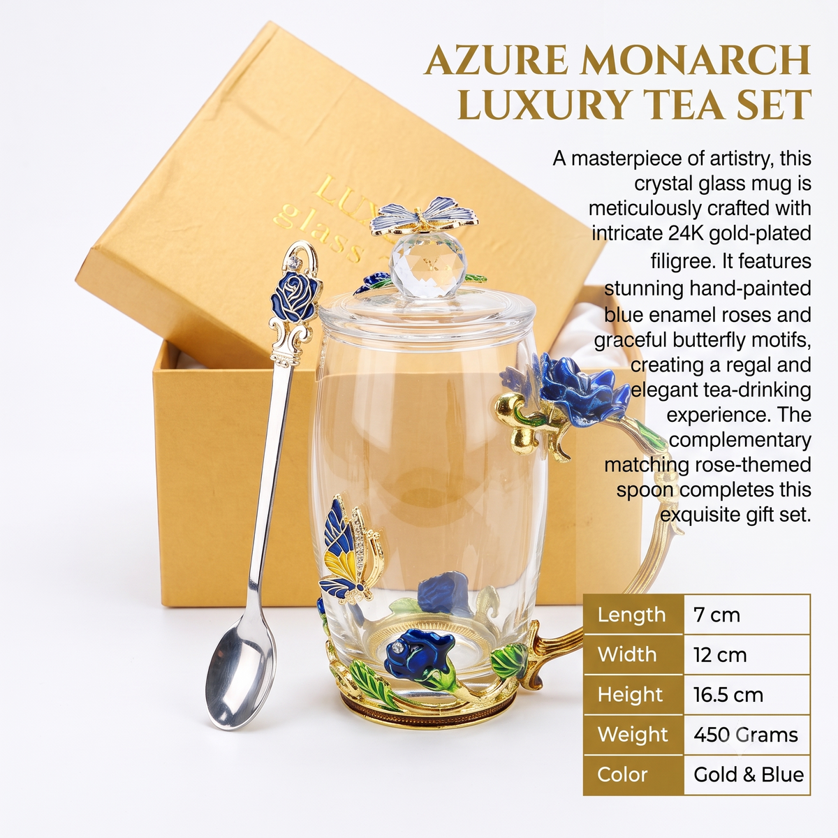 Aura & Hues 24K Gold Handpainted Ceramic Coffee Mug with Lid & Spoon 250ml - Royal Blue
