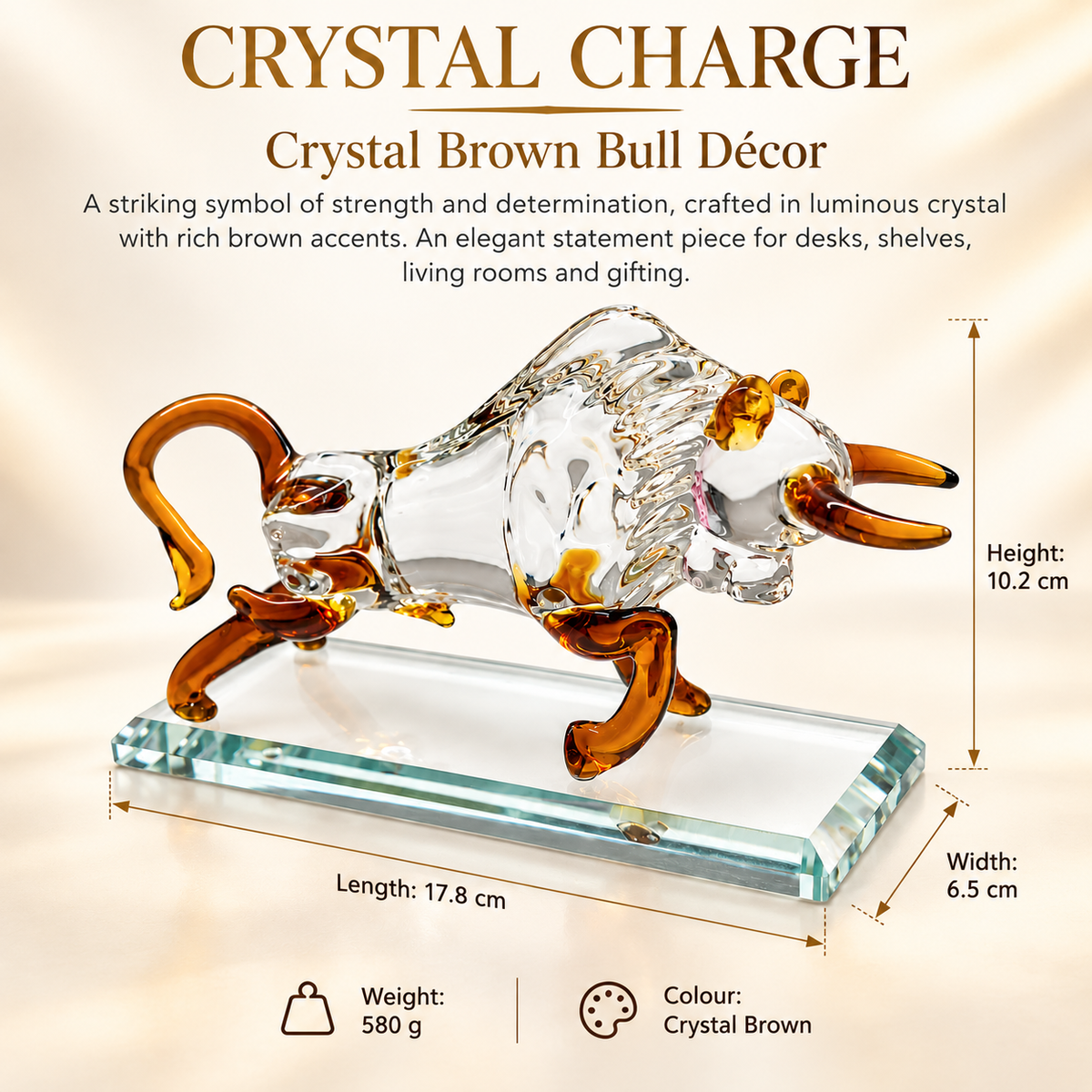 Aura & Hues 7-Inch Feng Shui Charging Crystal Bull Figurine - Transparent Glass Sculpture