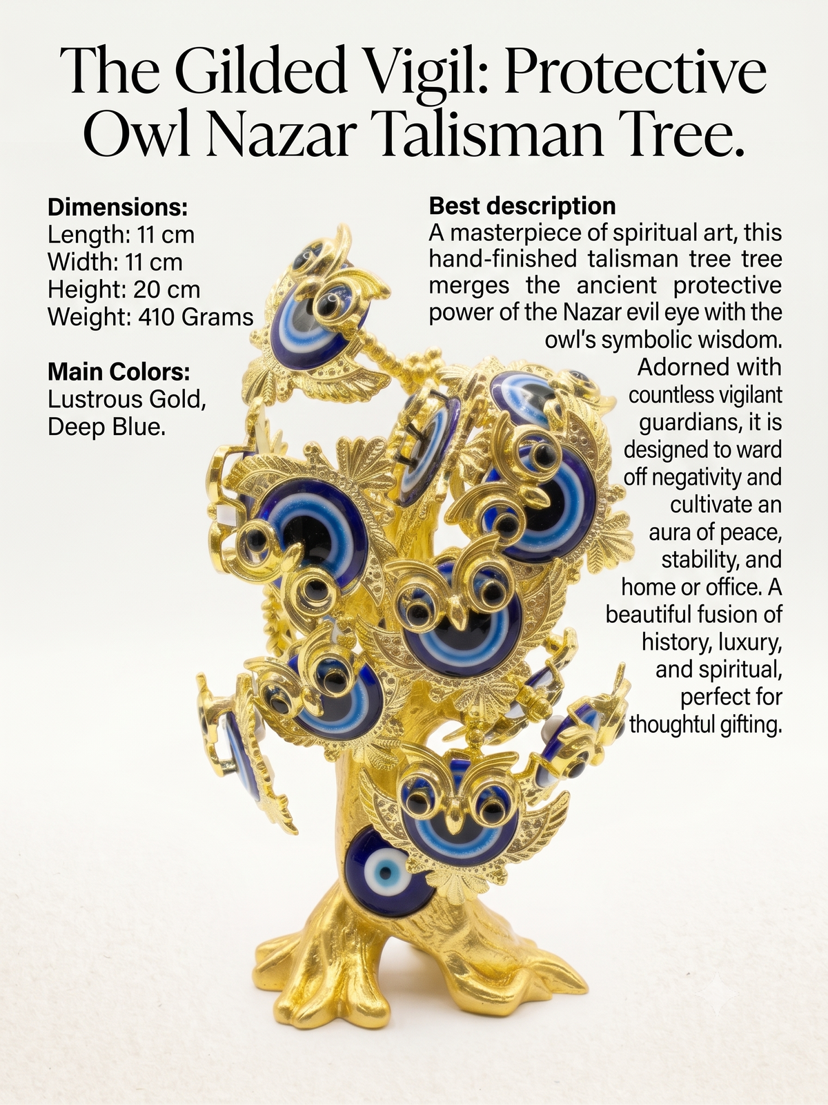 Aura & Hues 12-Inch Feng Shui Evil Eye Tree with Wise Owl Figurine - Blue & Gold Protection Decor