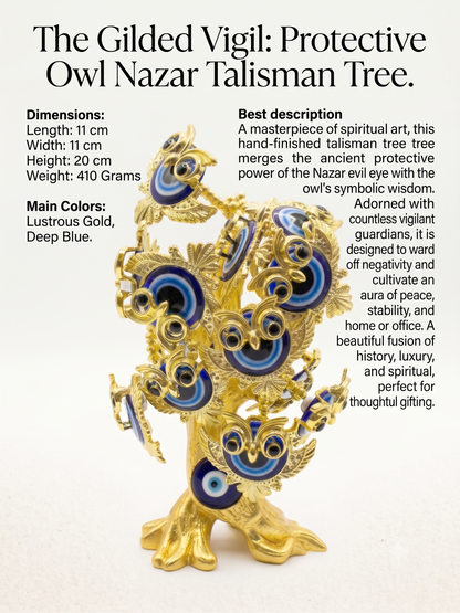 Aura & Hues 12-Inch Feng Shui Evil Eye Tree with Wise Owl Figurine - Blue & Gold Protection Decor